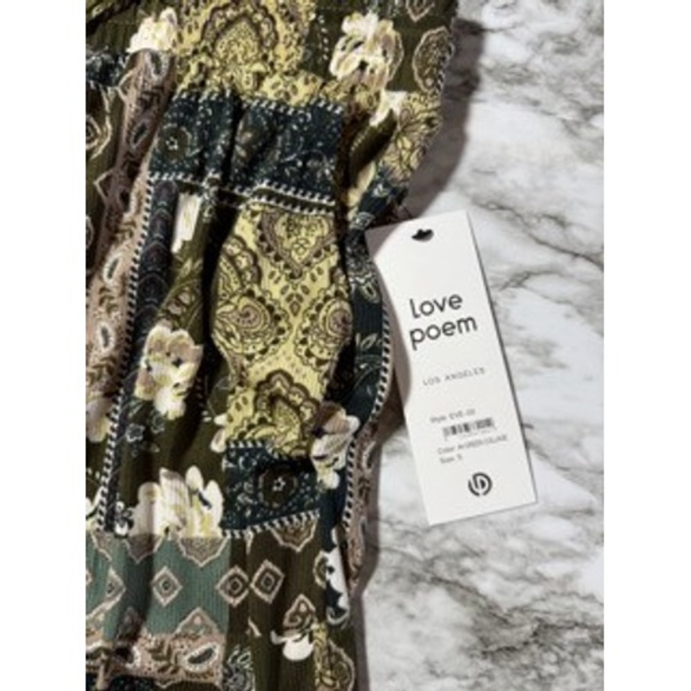 Love Poem Pants Women's Drawstring Waist Olive Green Patchwork Floral Wide Leg - Picture 3 of 7